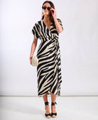 Animal Cream Wrap Midi Dress