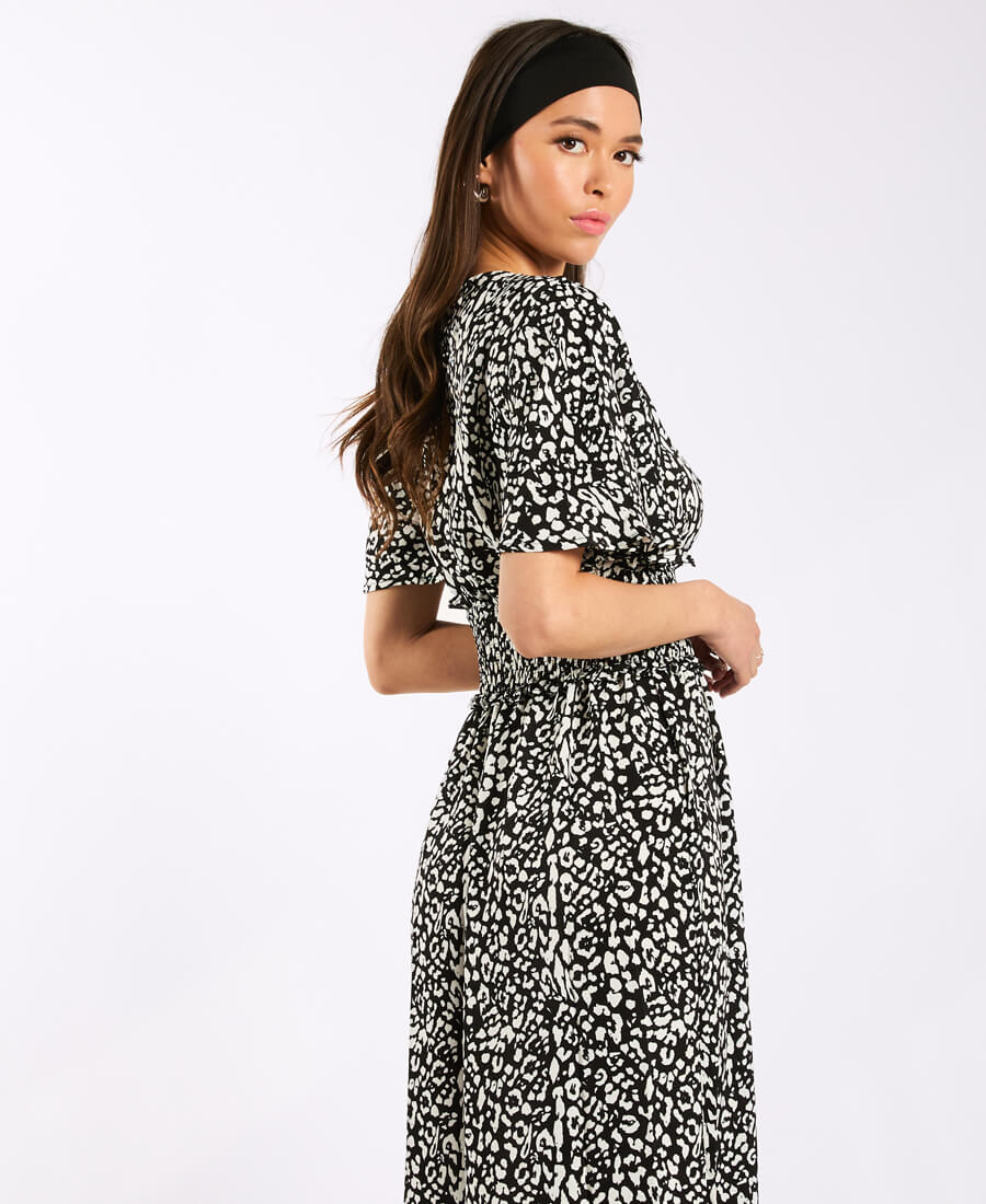 Black Animal Smock Waisted Midi Dress side