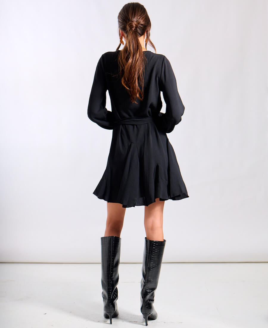 Black Crepe Belted Flare Dress