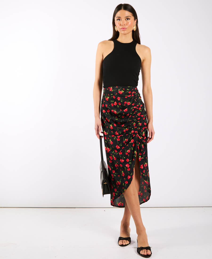 Black Floral Ruche Side Midi Skirt