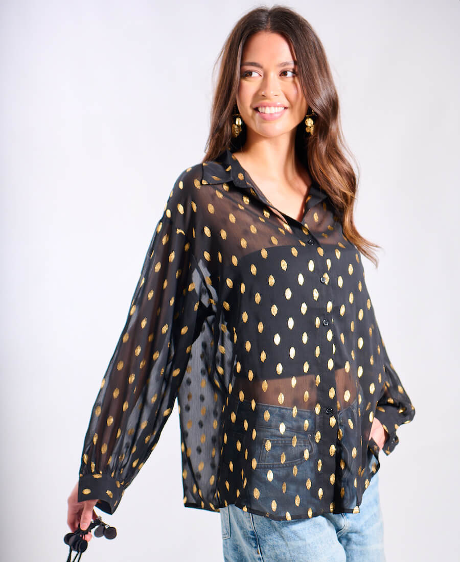 Black Foil Chiffon Oversize Shirt