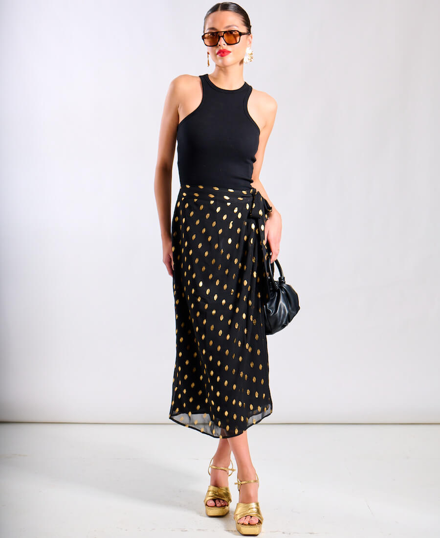 Black Foil Midi Skirt