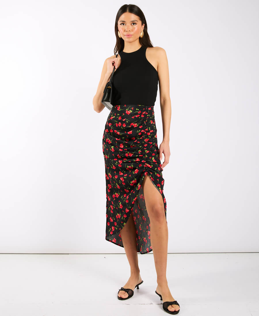 Black ruche Side Midi Skirt