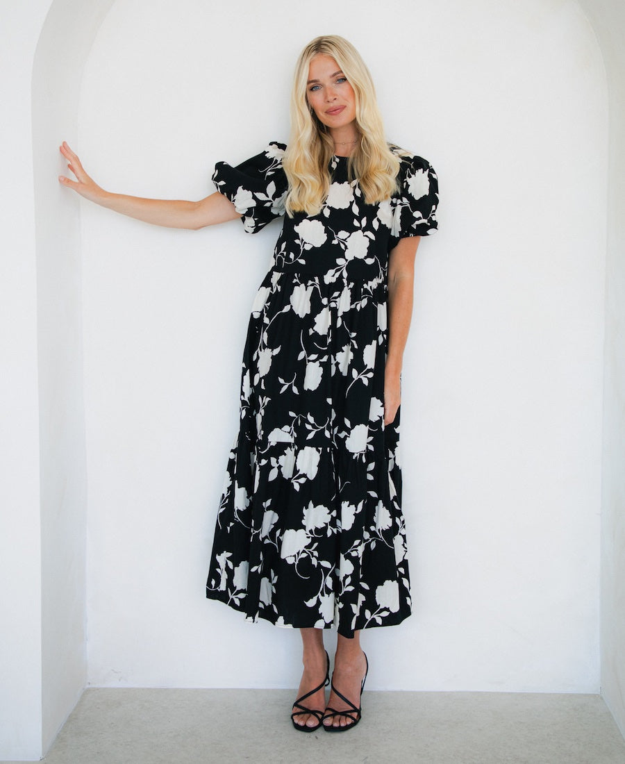 Mono Floral Cotton Puff Sleeve Midi Dress Needs No Label