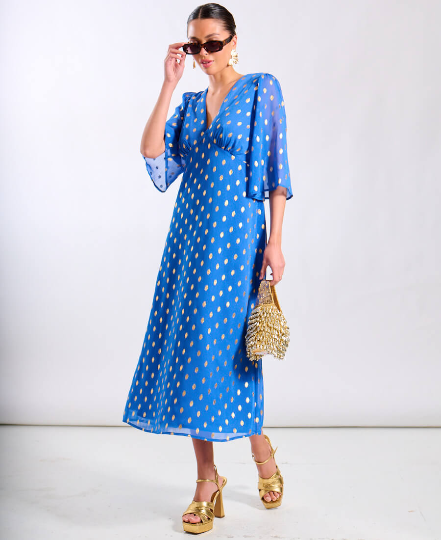 Blue Foil Chiffon Midi Dress