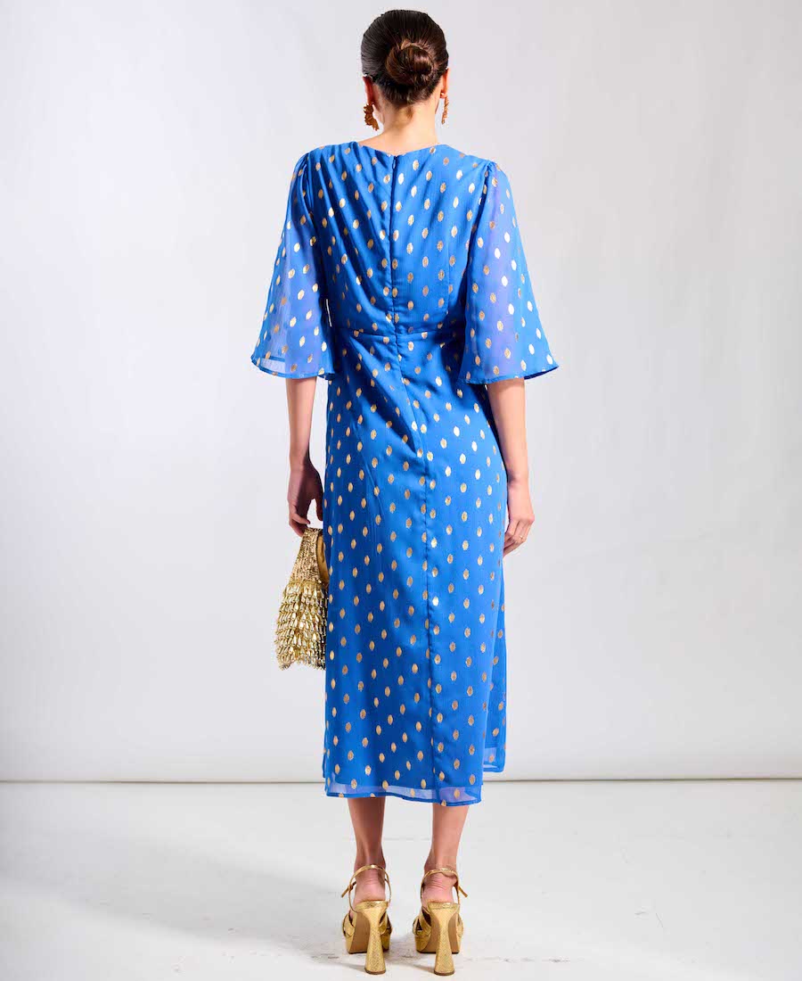 Blue Foil Chiffon Midi wedding Guest Dress