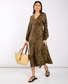 Brown Animal Printed Long Sleeve Midi Dress