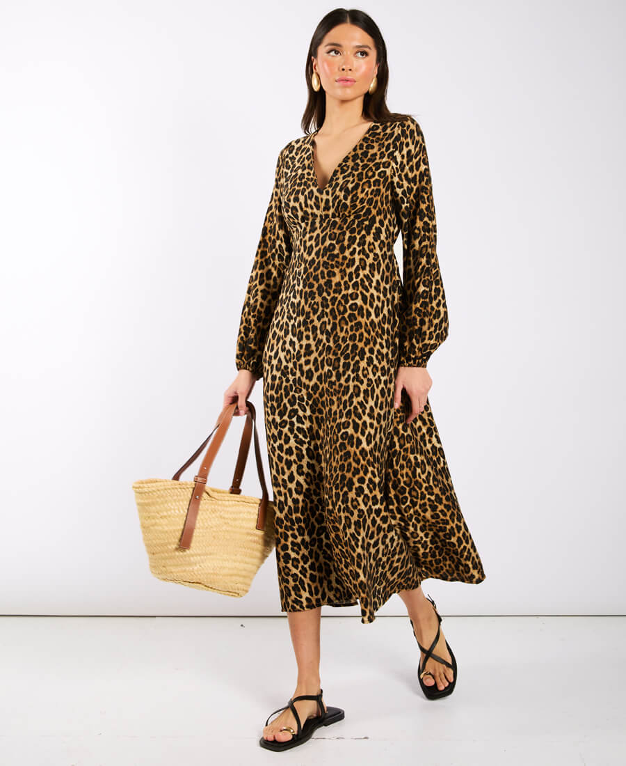 Brown Animal Printed Long Sleeve Midi Dress