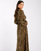 Brown Animal Printed Long Sleeve Midi Dress side