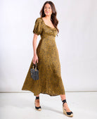 Brown Animal Satin Sweetheart Neck Midi Dress