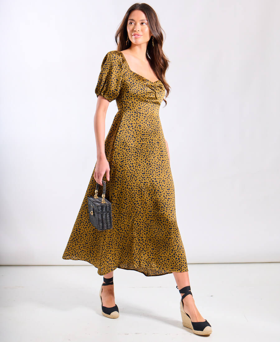 Brown Animal Satin Sweetheart Neck Midi Dress