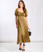 Brown Animal Sweetheart Neck Midi Dress