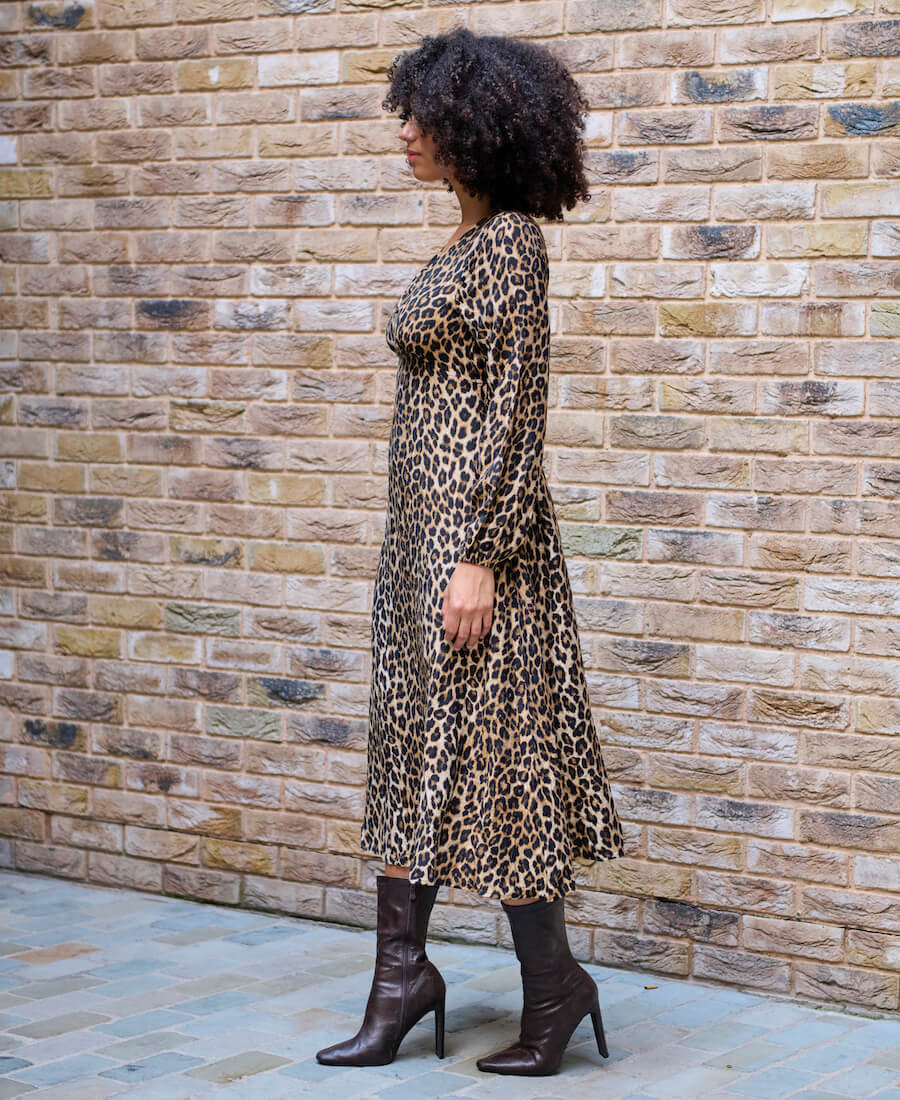 Brown Animal long sleeve midi dress