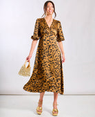 Brown Leopard Satin Midi Dress