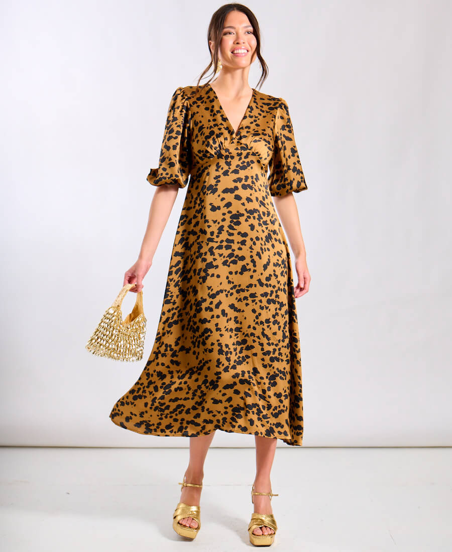 Brown Leopard Satin Midi Dress