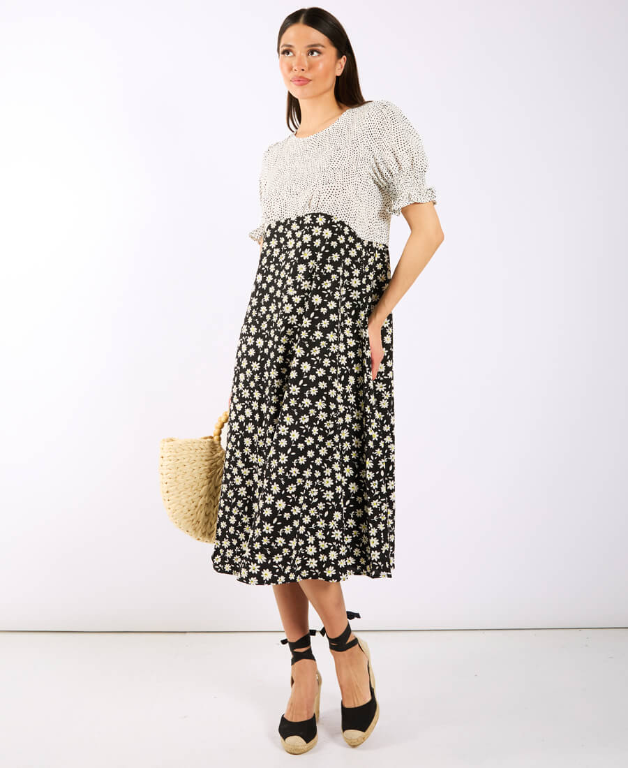 Daisy Spot Puff Sleeve Midi Dress