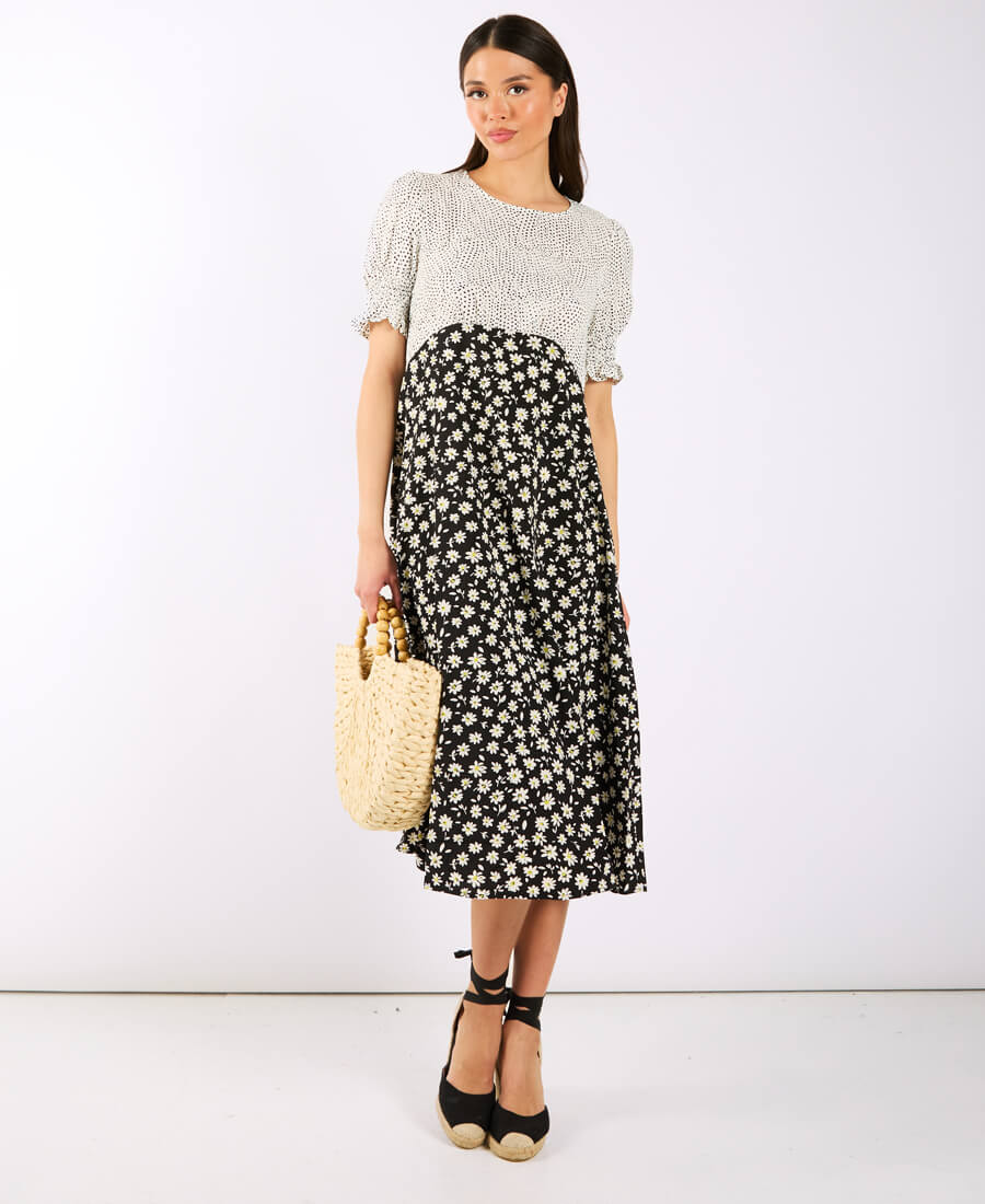 Daisy Spot Puff Sleeve Midi Dress