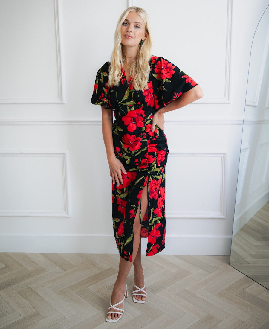 Black and Red Floral Wrap Midi Dress