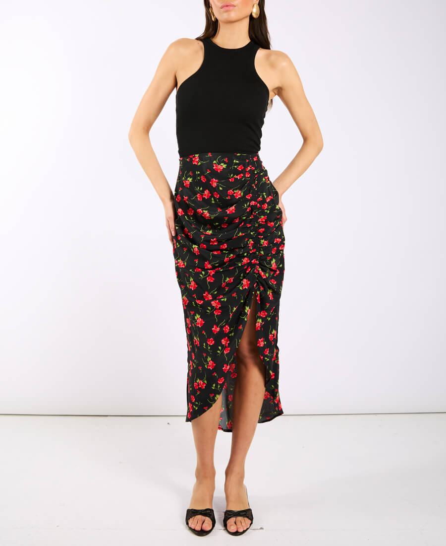 Floral Black Ruche Side Midi Skirt