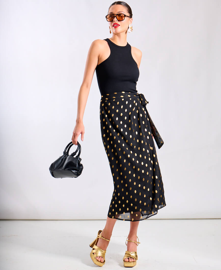 Foil Black Wrap Midi Skirt