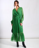 Green Animal Chiffon Maxi Long Sleeve Dress