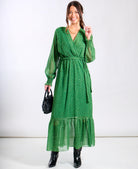 Green Long Sleeve Belted Maxi Dress