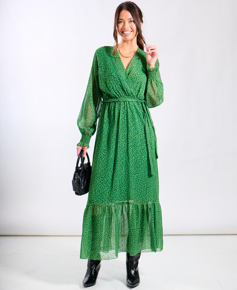 Green Long Sleeve Belted Maxi Dress