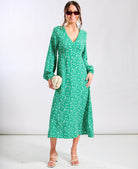 Green Spot Long Sleeve Midi Dress