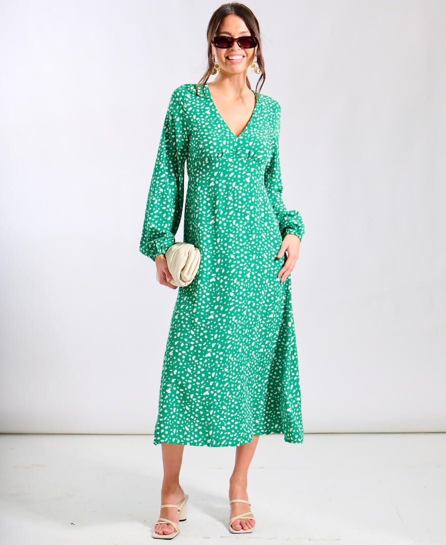 Green Spot Long Sleeve Midi Dress