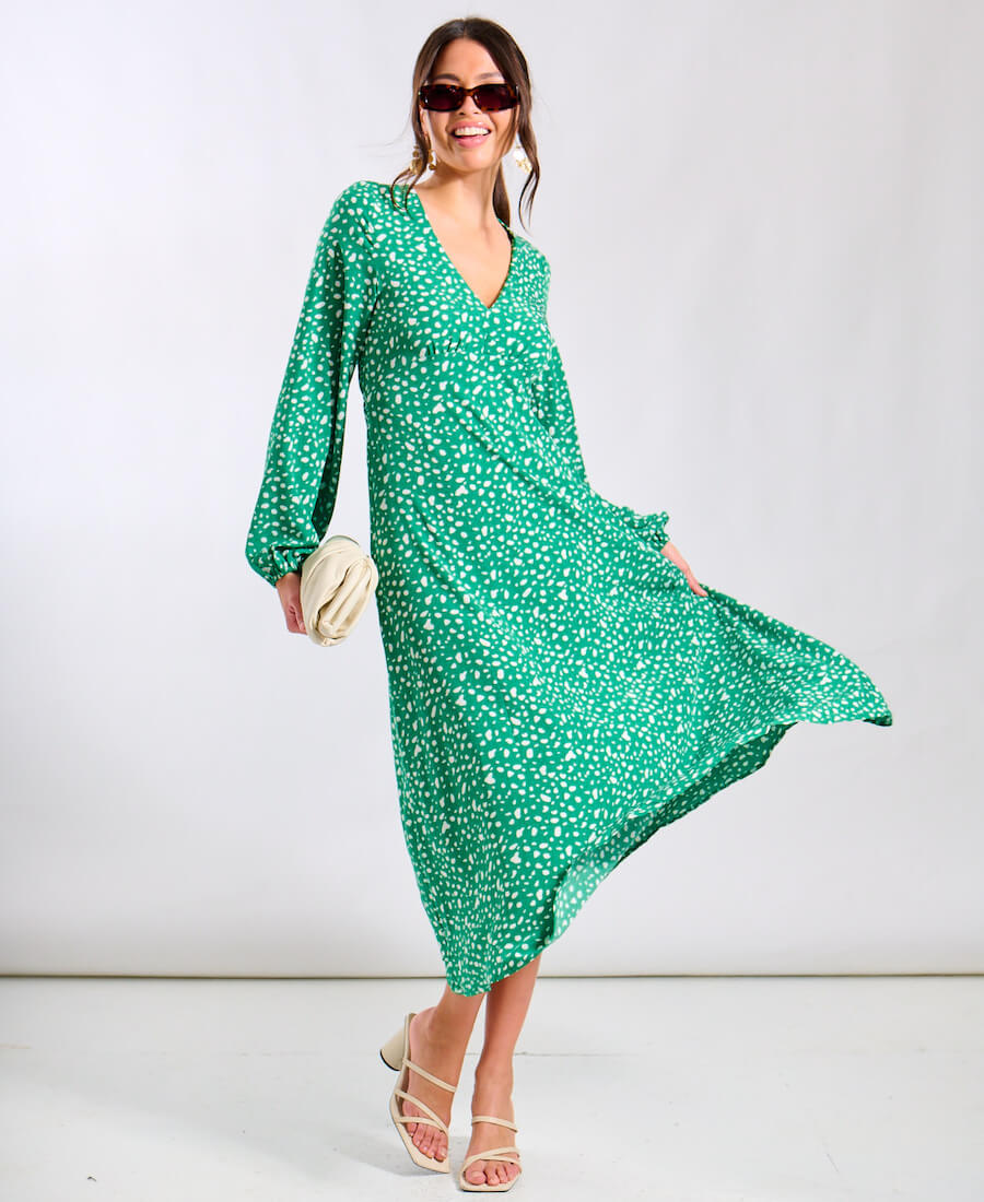 Green Spot Midi Dress Long Sleeves