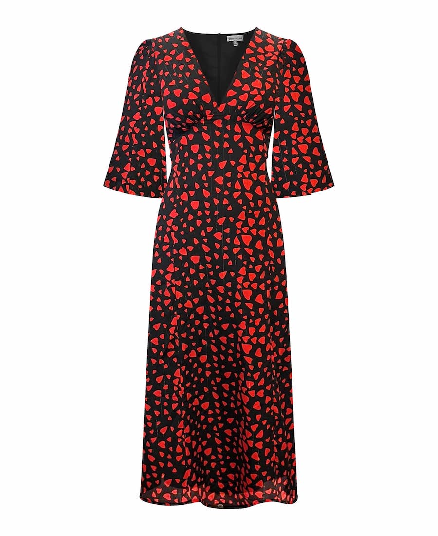 Heart Print Black Red Midi Dress