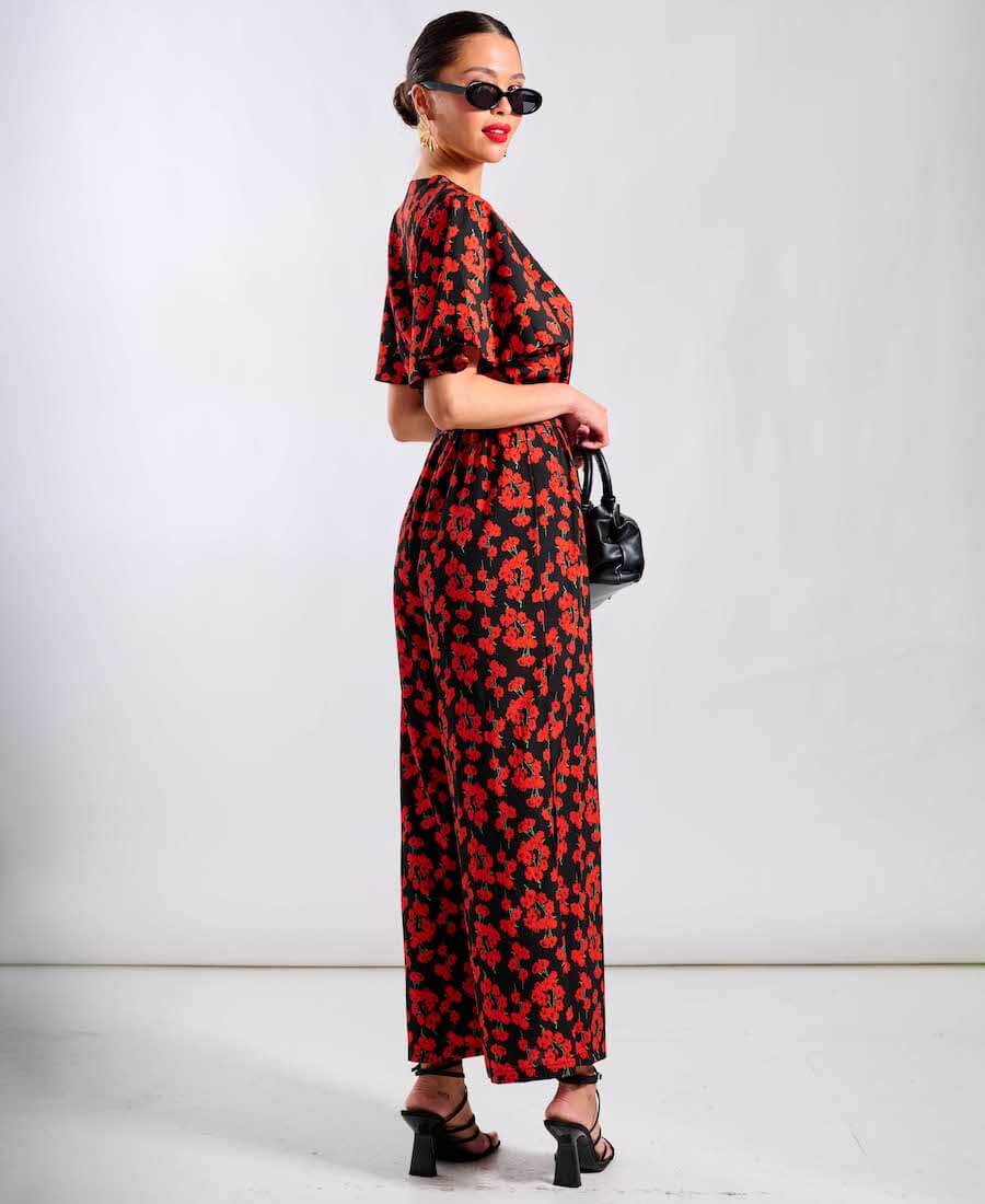 Jumpsuit Red Floral Flutter sleeve