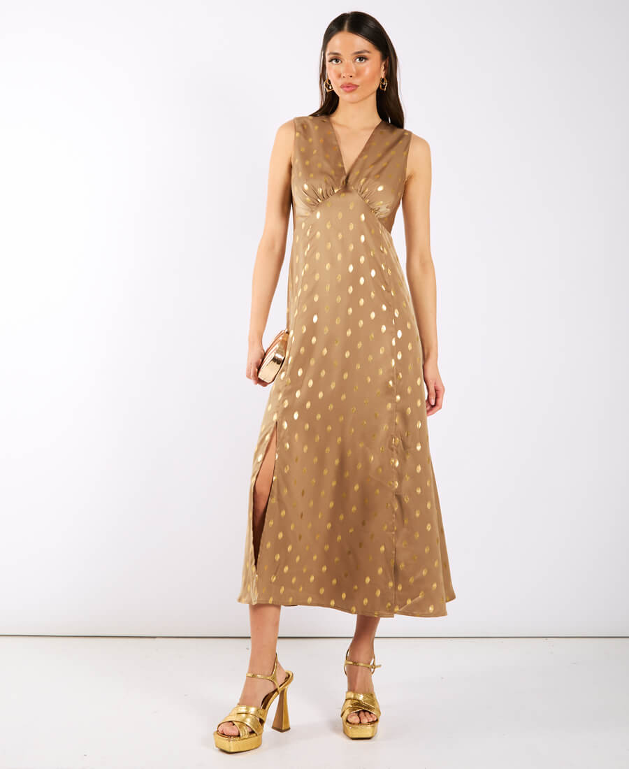 Light Brown Foil Satin Midi Dress