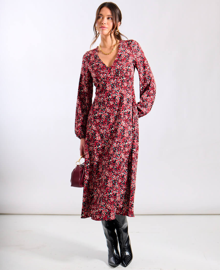 Long-Sleeve Red Floral Midi Dress