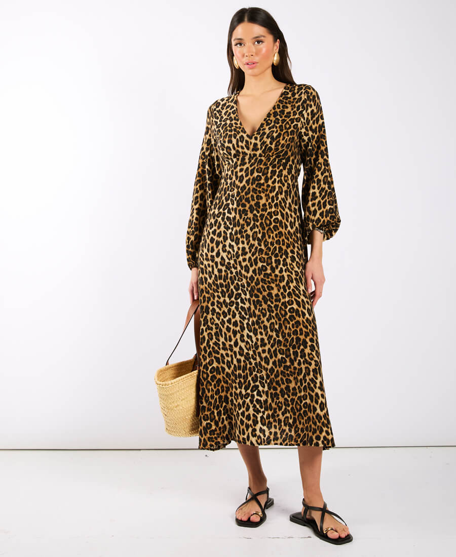 Brown Animal Printed Long Sleeve Midi Dress