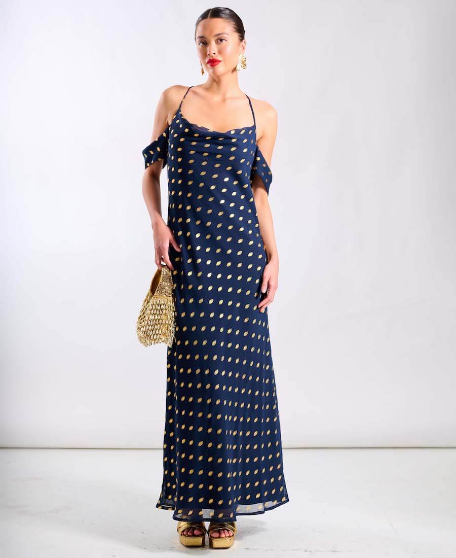 Navy Foil Cold Shoulder Maxi Dress