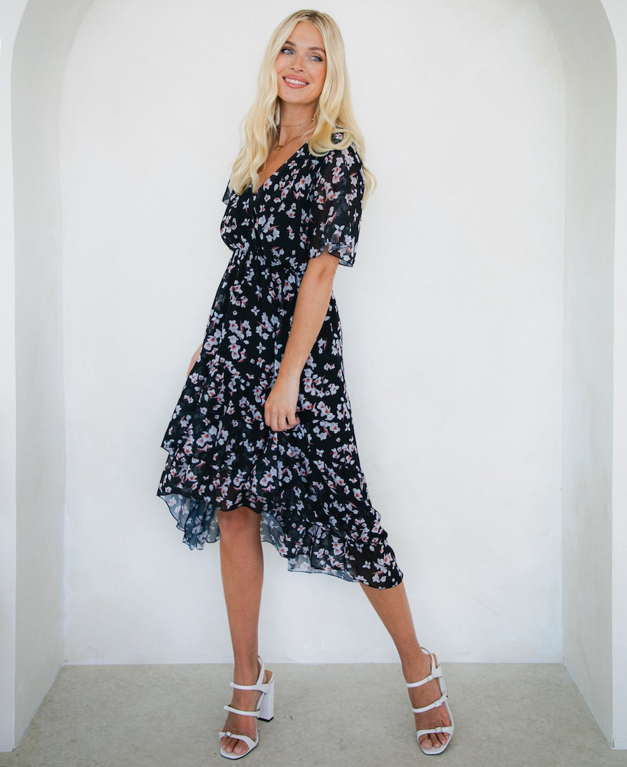 Black chiffon floral dress hotsell