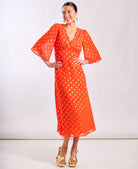 Orange Foil Chiffon Midi Dress