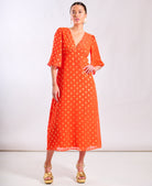 Orange Foil Chiffon Occasion Midi Dress