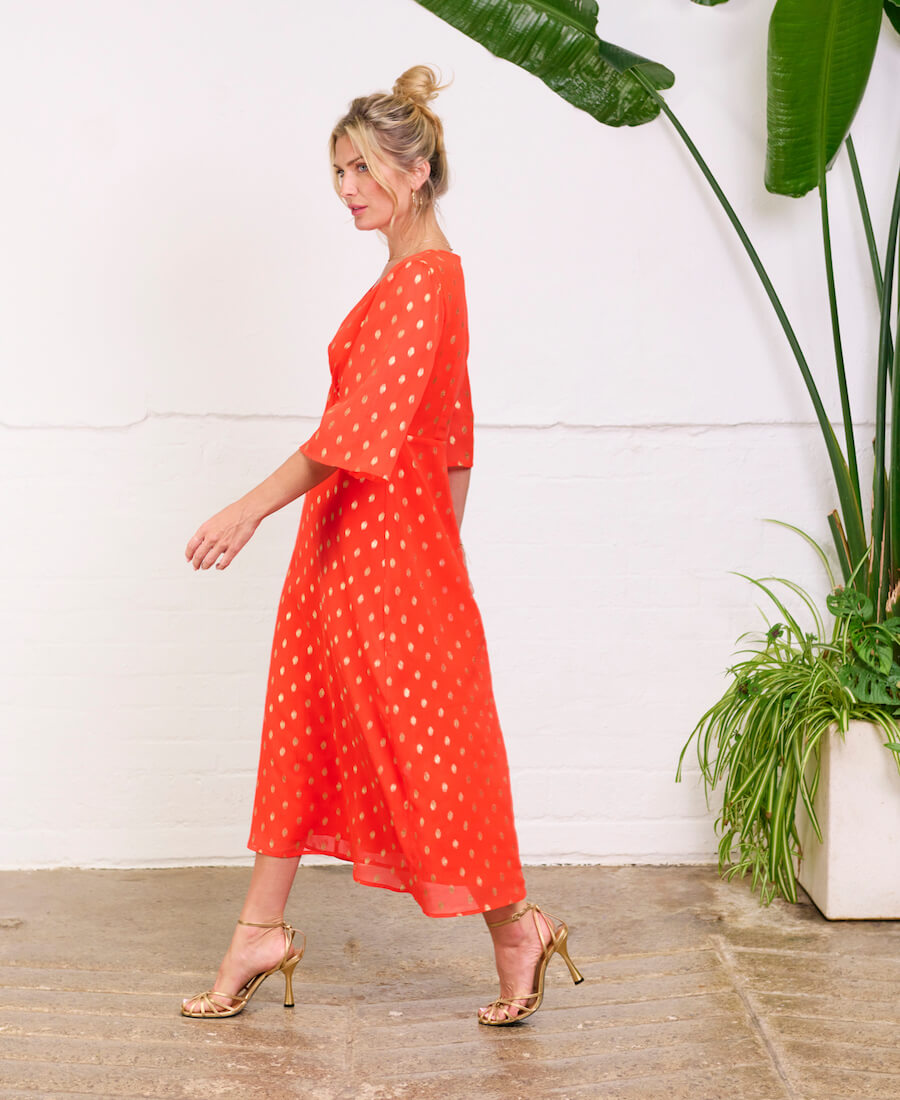 Orange Foil Chiffon Midi Dress Needs No Label