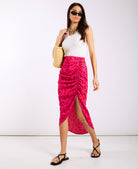 Pink Floral Ruche Side Midi Skirt