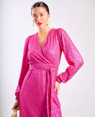 Pink Sequin Wrap Midi Dress