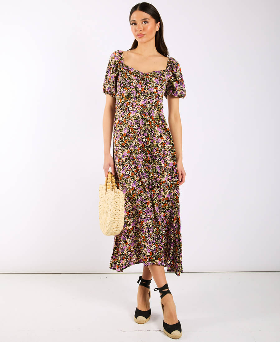 Purple Floral Sweetheart Neck Midi Dress