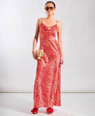 Red Animal Maxi Slip Dress Cowl Neck