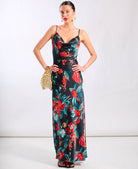 Red Floral Cowl Neck Satin Maxi Dress