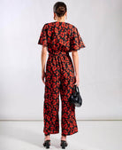 Red Floral Flutter Sleeve Jumpsuit back