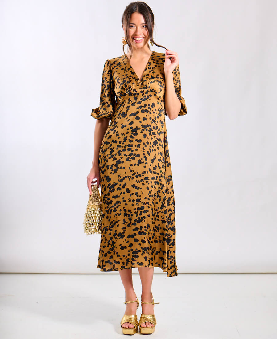 Satin Brown Leopard Midi Dress