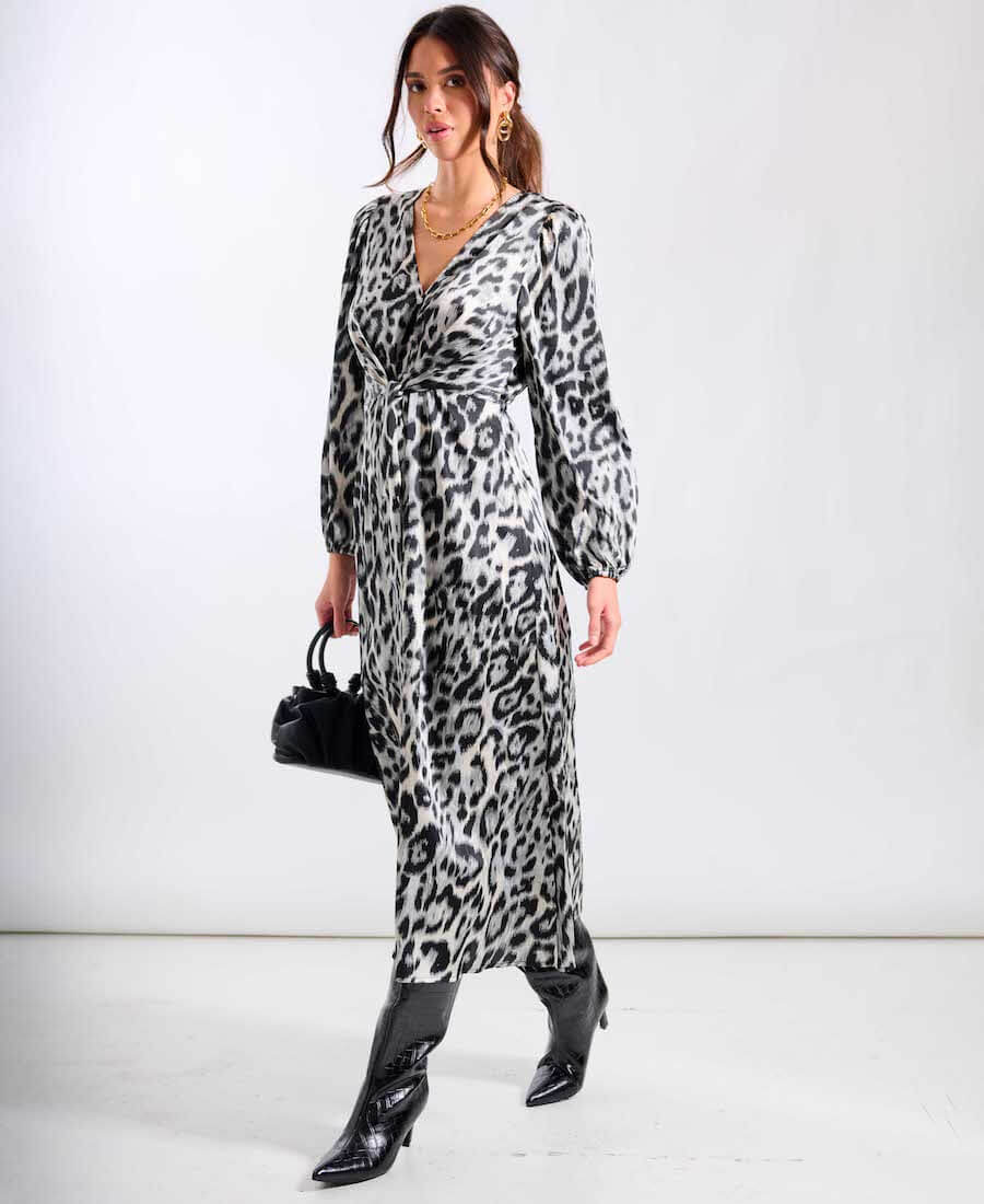 Silver Front Tie Midi Dress Animal Print