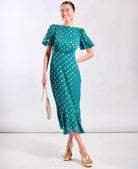 Teal Puff Sleeve Midi Dress Foil Pattern