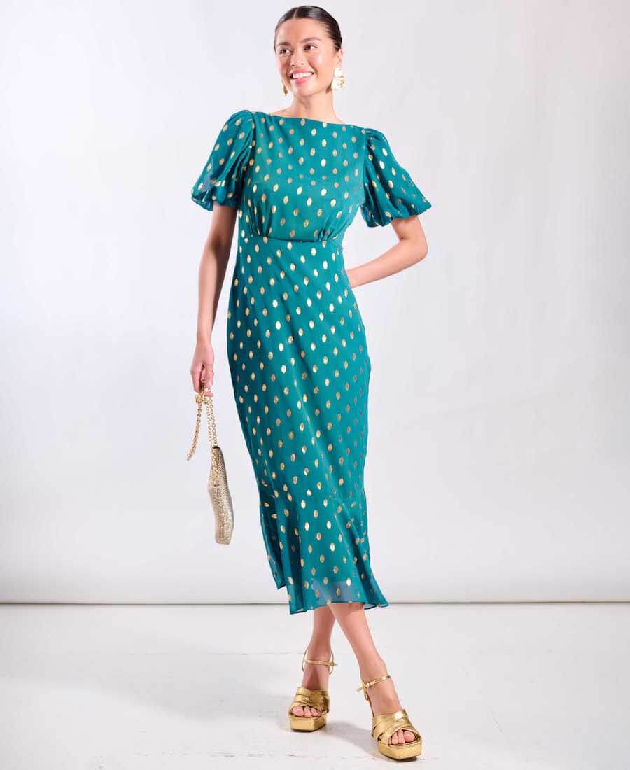 Teal Puff Sleeve Midi Dress Foil Pattern